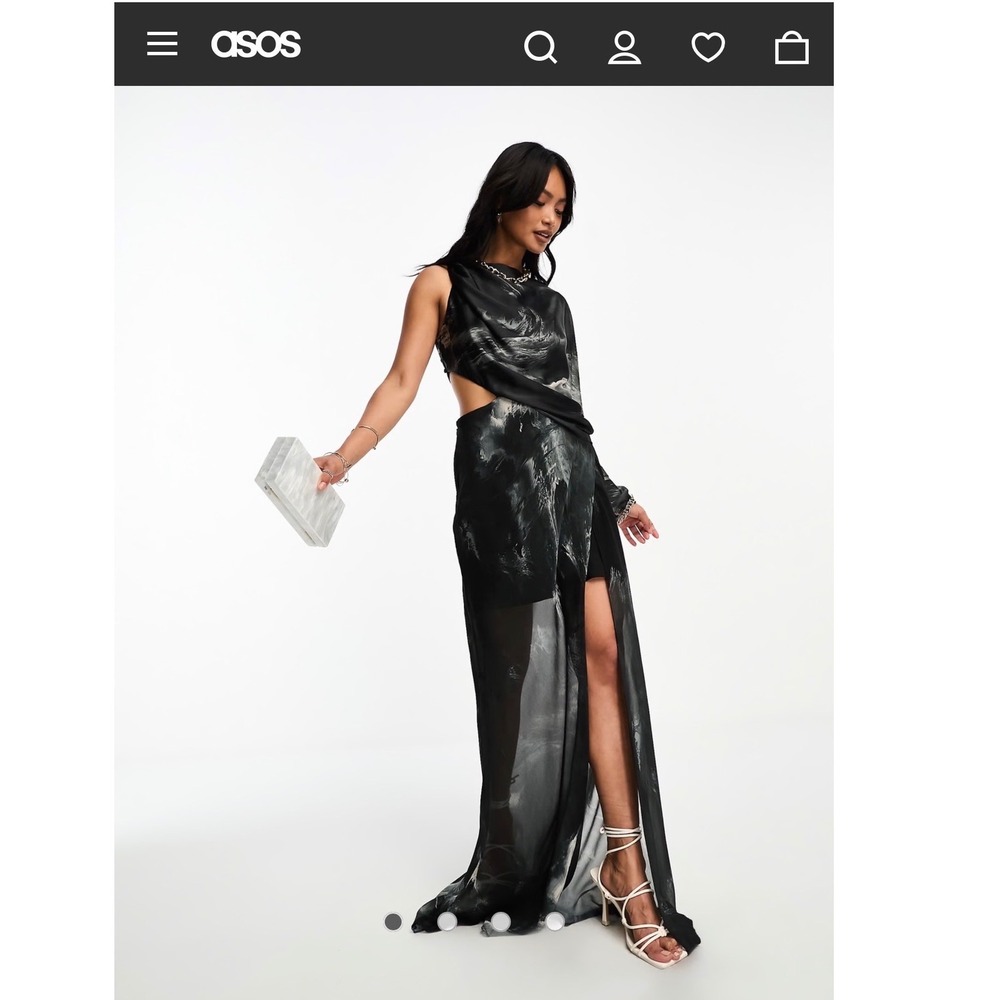 ASOS DESIGN Maxi Dress Womens 12 Black White Blurred Print One Shoulder Draped - Picture 11 of 12